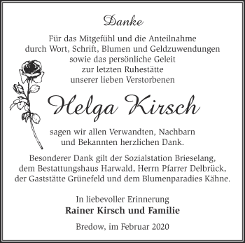 Traueranzeige von Helga Kirsch von Märkische Oderzeitung