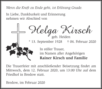 Traueranzeige von Helga Kirsch von Märkische Oderzeitung