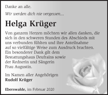 Traueranzeige von Helga Krüger von Märkische Oderzeitung