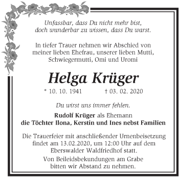 Traueranzeige von Helga Krüger von Märkische Oderzeitung