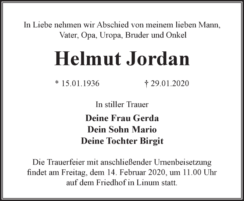 Traueranzeigen von Helmut Jordan | Märkische Onlinezeitung Trauerportal