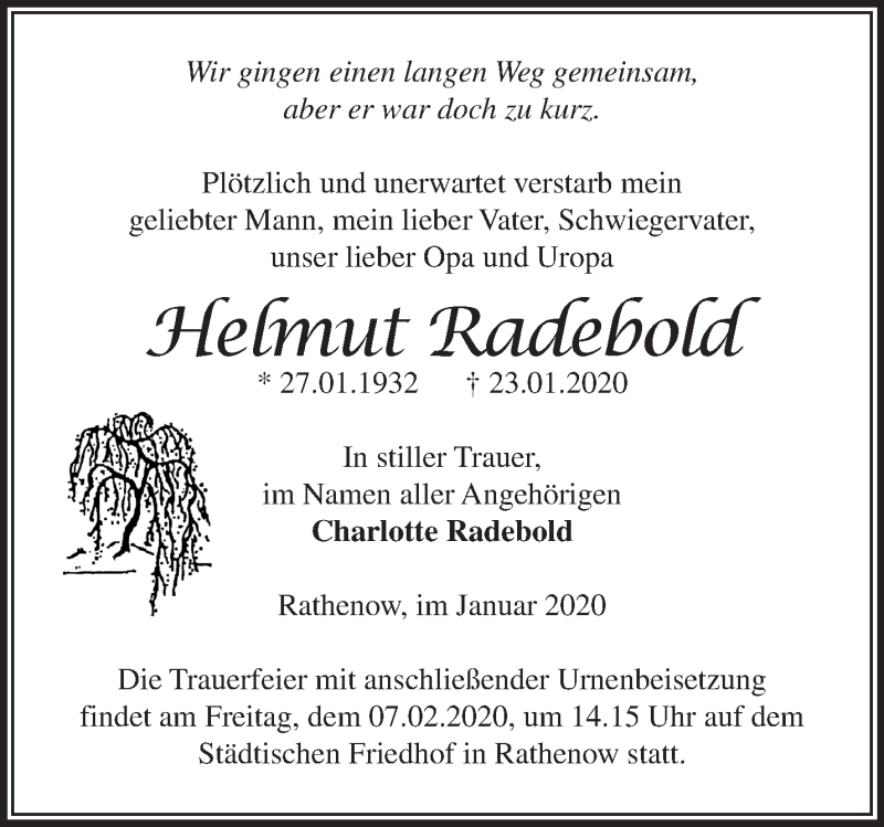  Traueranzeige für Helmut Radebold vom 02.02.2020 aus Märkische Oderzeitung