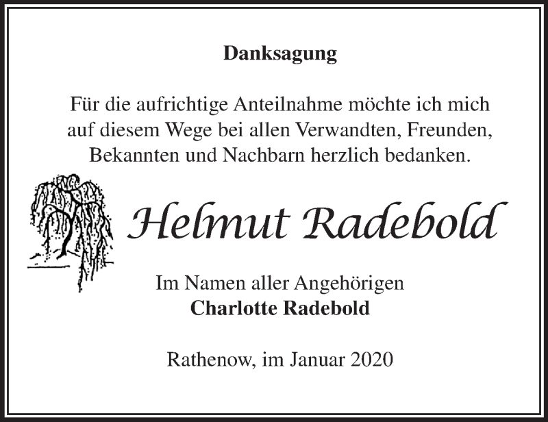  Traueranzeige für Helmut Radebold vom 16.02.2020 aus Märkische Oderzeitung