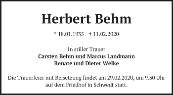 Traueranzeige von Herbert Behm von Märkische Oderzeitung