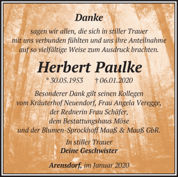 Traueranzeige von Herbert Paulke von Märkische Oderzeitung