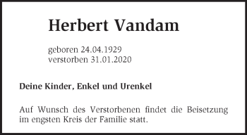 Traueranzeige von Herbert Vandam von Märkische Oderzeitung