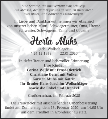 Traueranzeige von Herta Muhs von Märkische Oderzeitung