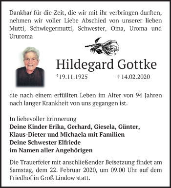 Traueranzeige von Hildegard Gottke von Märkische Oderzeitung