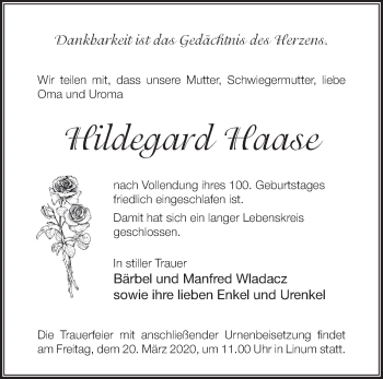 Traueranzeige von Hildegard Haase von Märkische Oderzeitung