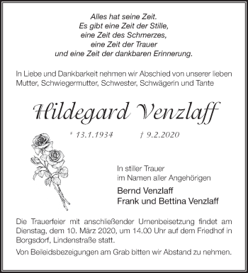 Traueranzeige von Hildegard Venzlaff von Märkische Oderzeitung