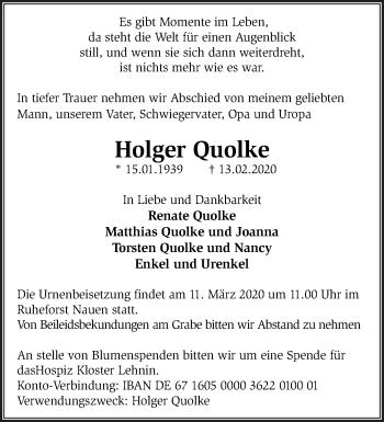 Traueranzeige von Holger Quolke von Märkische Oderzeitung