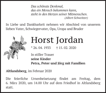 Traueranzeige von Horst Jordan von Märkische Oderzeitung