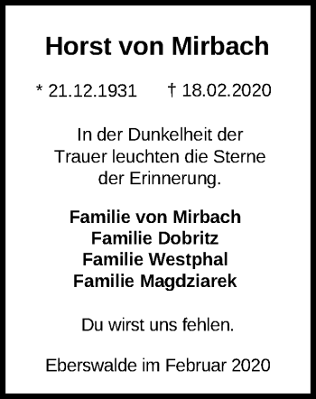 Traueranzeige von Horst von Mirbach von Märkische Oderzeitung