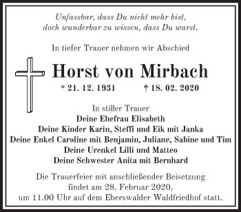 Traueranzeige von Horst von Mirbach von Märkische Oderzeitung