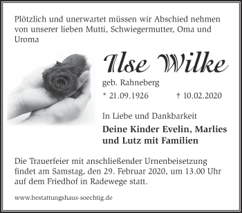 Traueranzeige von Ike Wilke von Märkische Oderzeitung