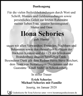 Traueranzeige von Ilona Schories von Märkische Oderzeitung