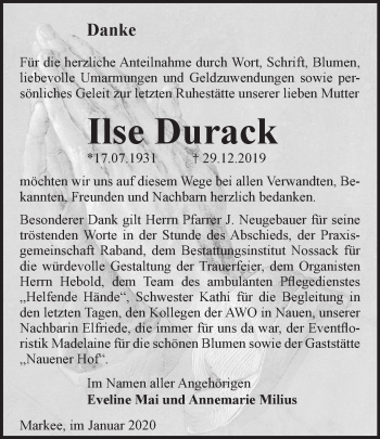 Traueranzeige von Ilse Durack von Märkische Oderzeitung