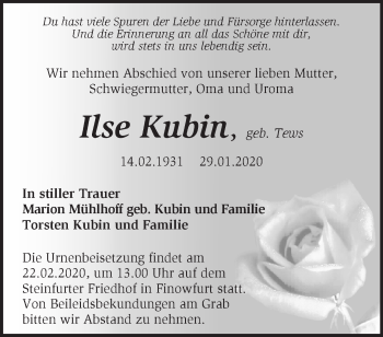 Traueranzeige von Ilse Kubin von Märkische Oderzeitung