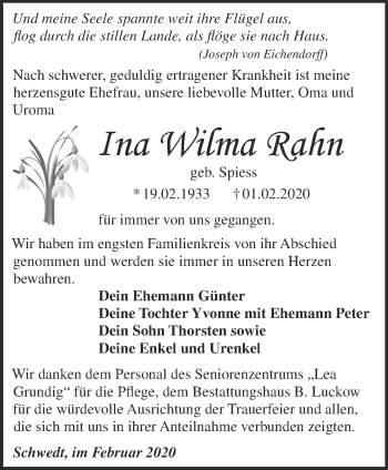 Traueranzeige von Ina Wilma Rahn von Märkische Oderzeitung