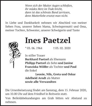 Traueranzeige von Ines Paetzel von Märkische Oderzeitung