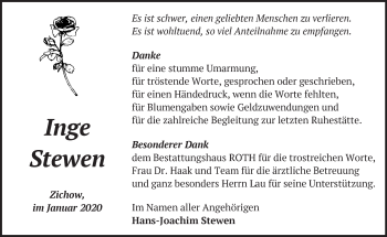 Traueranzeige von Inge Stewen von Märkische Oderzeitung