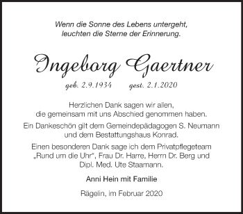 Traueranzeige von Ingeborg Gaertner von Märkische Oderzeitung