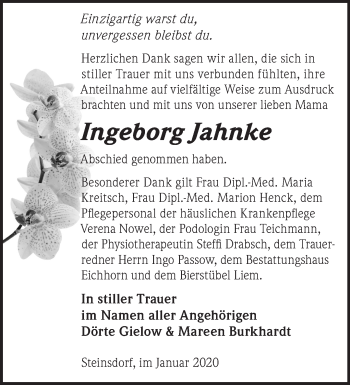 Traueranzeige von Ingeborg Jahnke von Märkische Oderzeitung