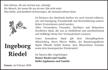 Traueranzeige von Ingeborg Riedel von Märkische Oderzeitung