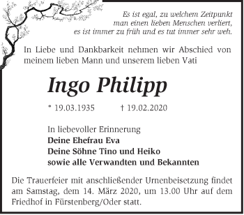 Traueranzeige von Ingo Philipp von Märkische Oderzeitung