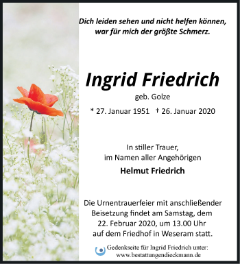 Traueranzeige von Ingrid Friedrich von Märkische Oderzeitung