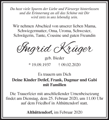 Traueranzeige von Ingrid Krüger von Märkische Oderzeitung