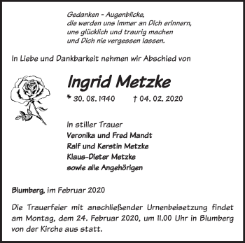 Traueranzeige von Ingrid Metzke von Märkische Oderzeitung