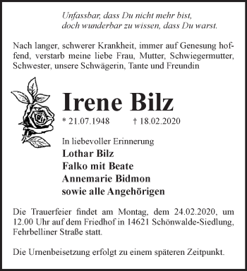 Traueranzeige von Irene Bilz von Märkische Oderzeitung