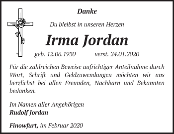 Traueranzeige von Irma Jordan von Märkische Oderzeitung