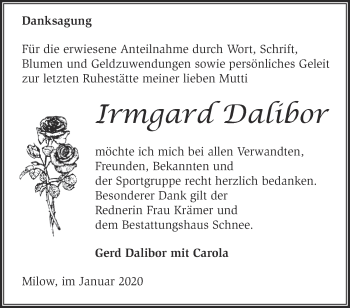 Traueranzeige von Irmgard Dalibor von Märkische Oderzeitung