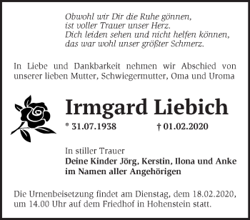 Traueranzeige von Irmgard Liebich von Märkische Oderzeitung