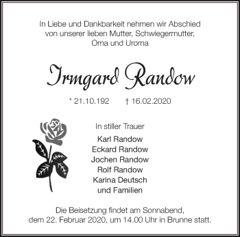 Traueranzeige von Irmgard Randow von Märkische Oderzeitung