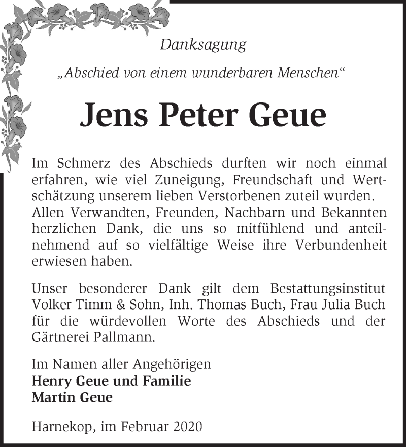  Traueranzeige für Jens Peter Geue vom 23.02.2020 aus Märkische Oderzeitung