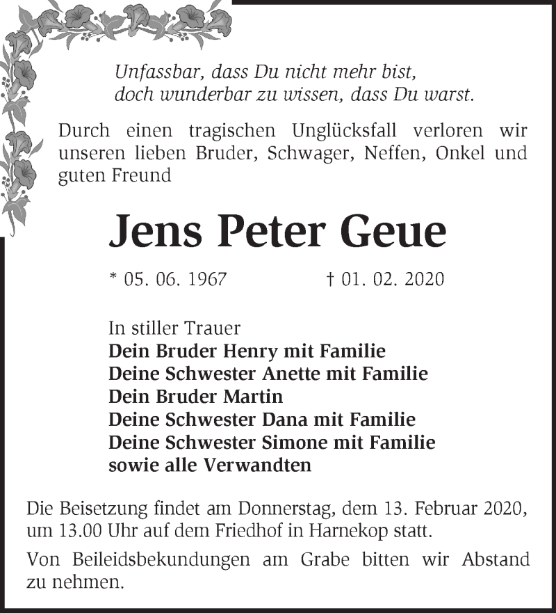  Traueranzeige für Jens Peter Geue vom 09.02.2020 aus Märkische Oderzeitung