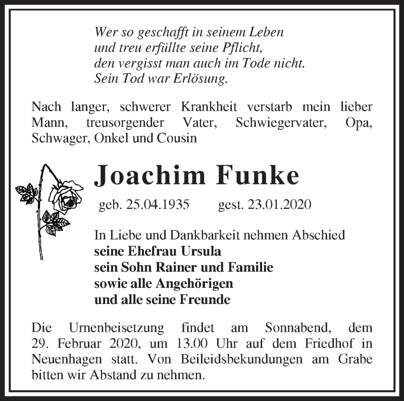  Traueranzeige für Joachim Funke vom 12.02.2020 aus Märkische Oderzeitung