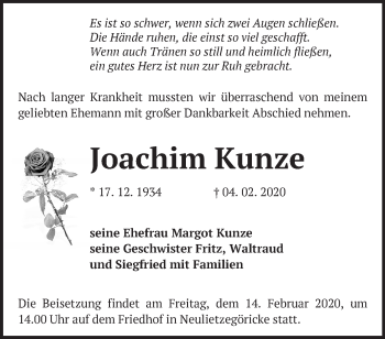 Traueranzeige von Joachim Kunze von Märkische Oderzeitung