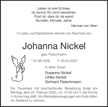 Traueranzeige von Johanna Nickel von Märkische Oderzeitung