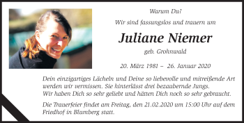 Traueranzeige von Juliane Niemer von Märkische Oderzeitung