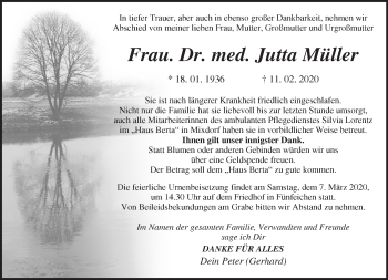 Traueranzeige von Jutta Müller von Märkische Oderzeitung