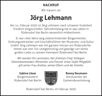 Traueranzeige von Jörg Lehmann von Märkische Oderzeitung