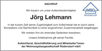Traueranzeige von Jörg Lehmann von Märkische Oderzeitung