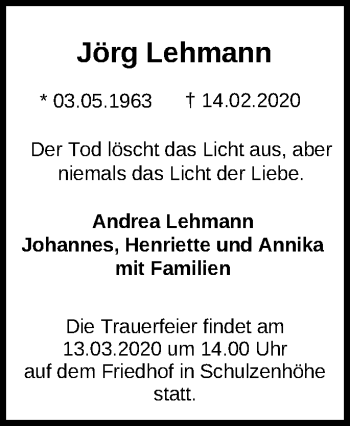 Traueranzeige von Jörg Lehmann von Märkische Oderzeitung
