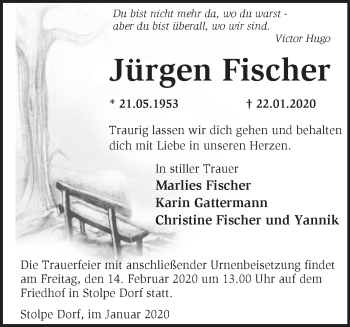 Traueranzeige von Jürgen Fischer von Märkische Oderzeitung