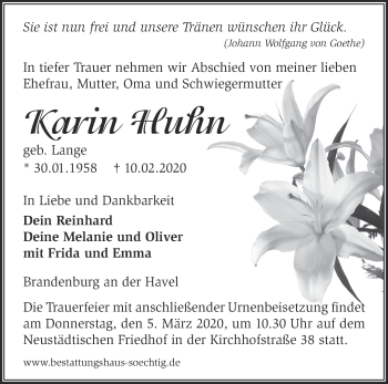 Traueranzeige von Karin Huhn von Märkische Oderzeitung
