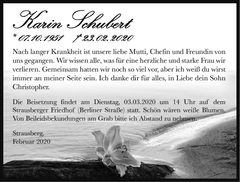  Traueranzeige für Karin Schubert vom 27.02.2020 aus Märkische Oderzeitung